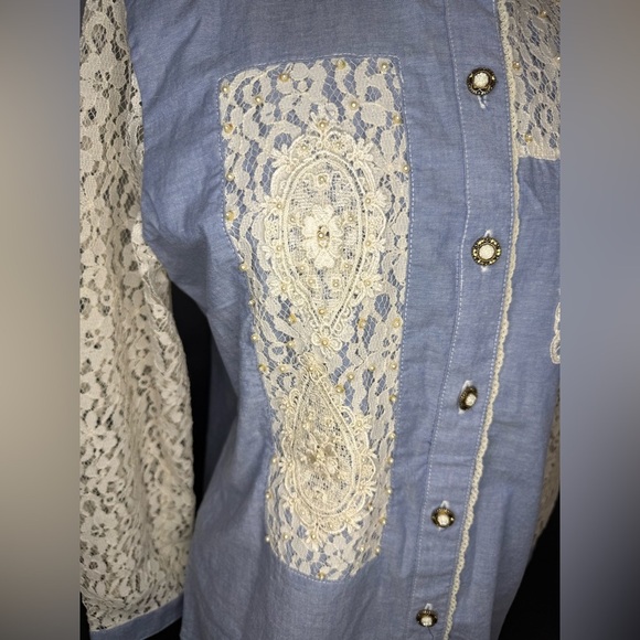 Vintage Lacy Afternoon by Shell Kepler Chambray & Lace Shirt Dress - Size M - Picture 2 of 12